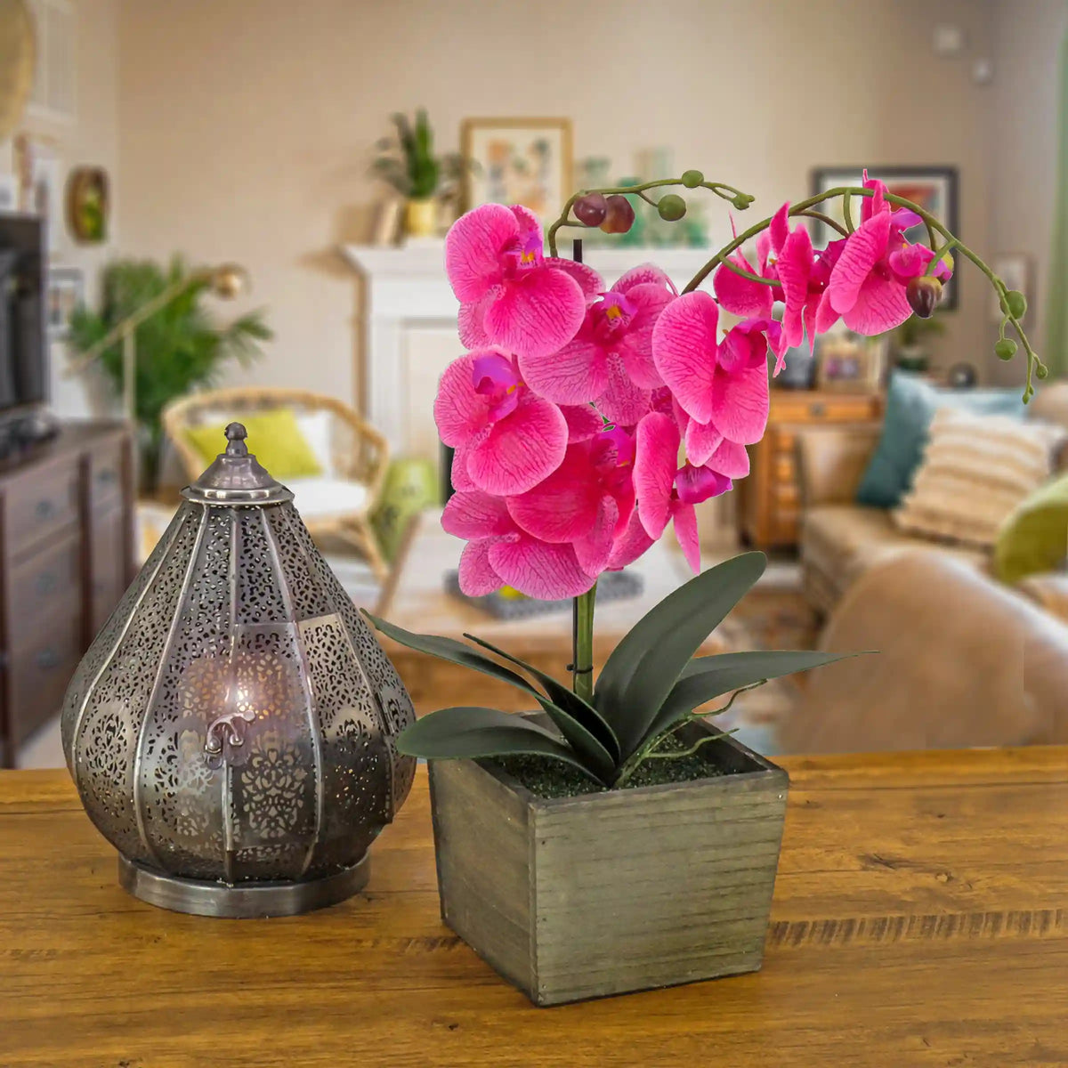 21 in. Spring Purple Orchid Flower in Wood Box