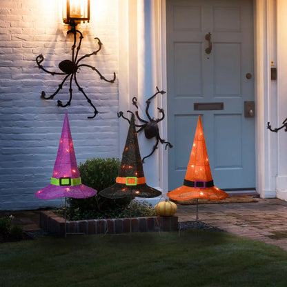 23 in. Halloween Orange,Black and Purple Witchs Hat Garden Stakes with LED Lights