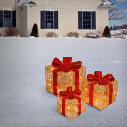 Pre-Lit Gold Gift Boxes, Set of Three, 35 White Lights, Plug-In
