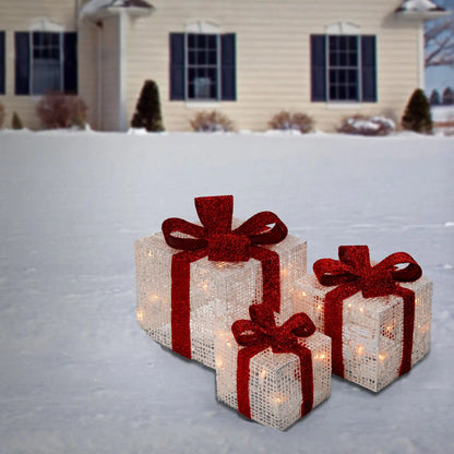 Pre-Lit White Gift Boxes, Set of Three, White Lights, Plug-In