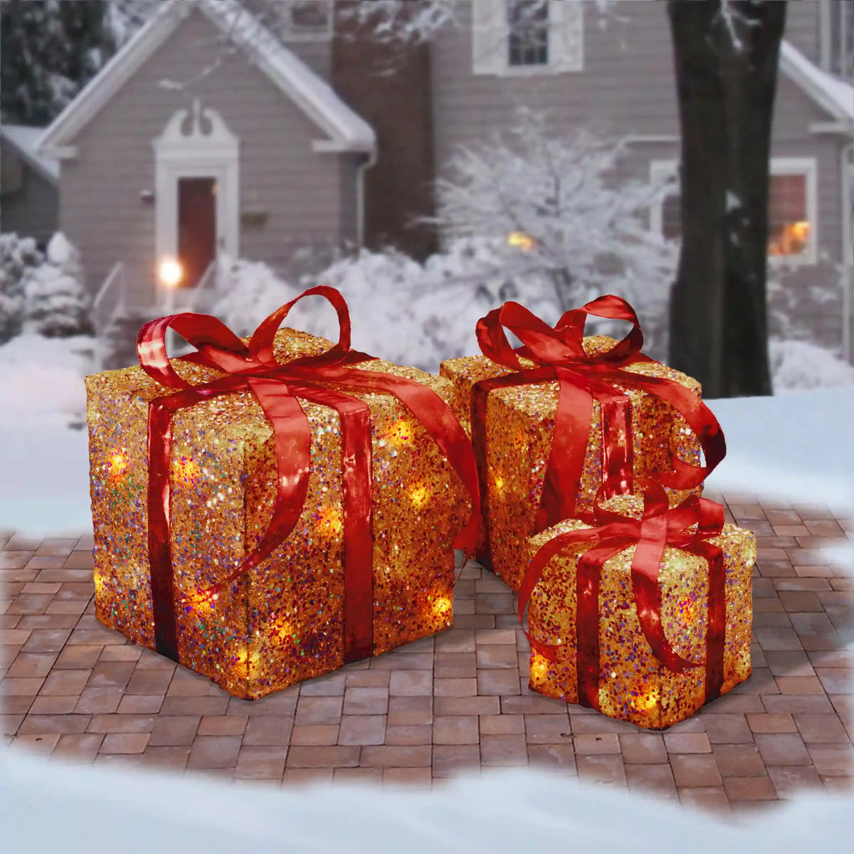 Pre-Lit Gold Gift Box with Red Bow, Set of Three, White Lights, Plug-In