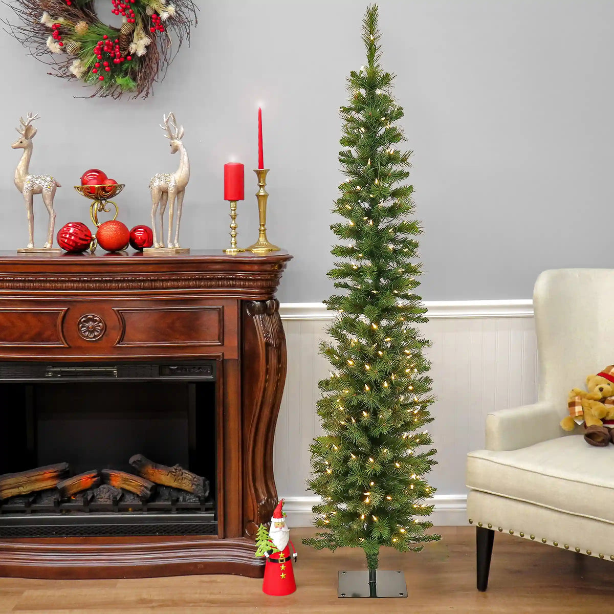 6 ft. Pre-Lit Nooksack Fir Pencil Slim Tree with LED Lights, Plug-In
