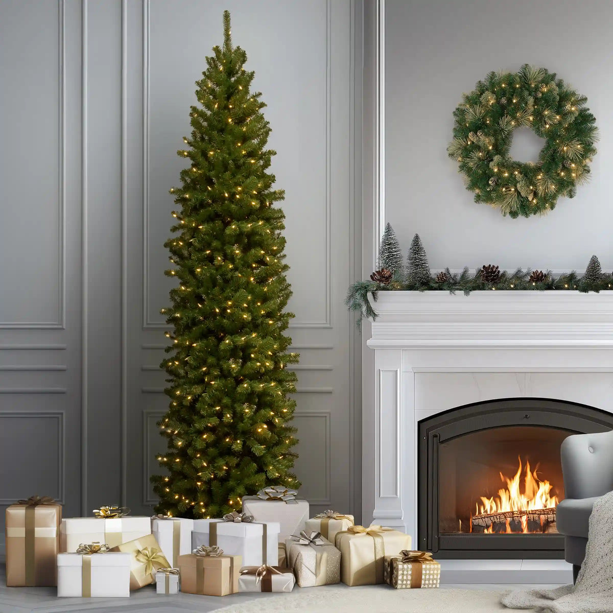 10 ft. Pre-Lit North Valley Spruce Pencil Slim Tree with Clear Lights, Plug-In