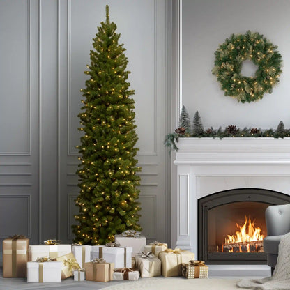 10 ft. Pre-Lit North Valley Spruce Pencil Slim Tree with Clear Lights, Plug-In