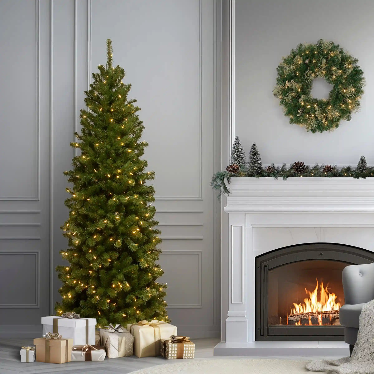 6 ft. Pre-Lit North Valley Spruce Pencil Slim Tree with Clear Lights, Plug-In