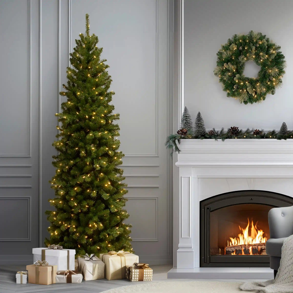 6.5 ft. Pre-Lit North Valley Spruce Pencil Slim Tree with Clear Lights, Plug-In