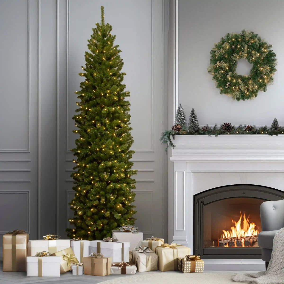 9 ft. Pre-Lit North Valley Spruce Pencil Slim Tree with Clear Lights, Plug-In