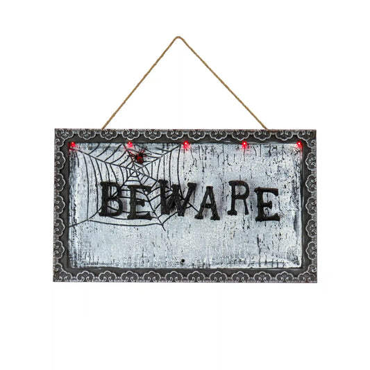 18 in. Halloween Pre-Lit Sound Activated Animated Hanging Door Sign with LED Lights