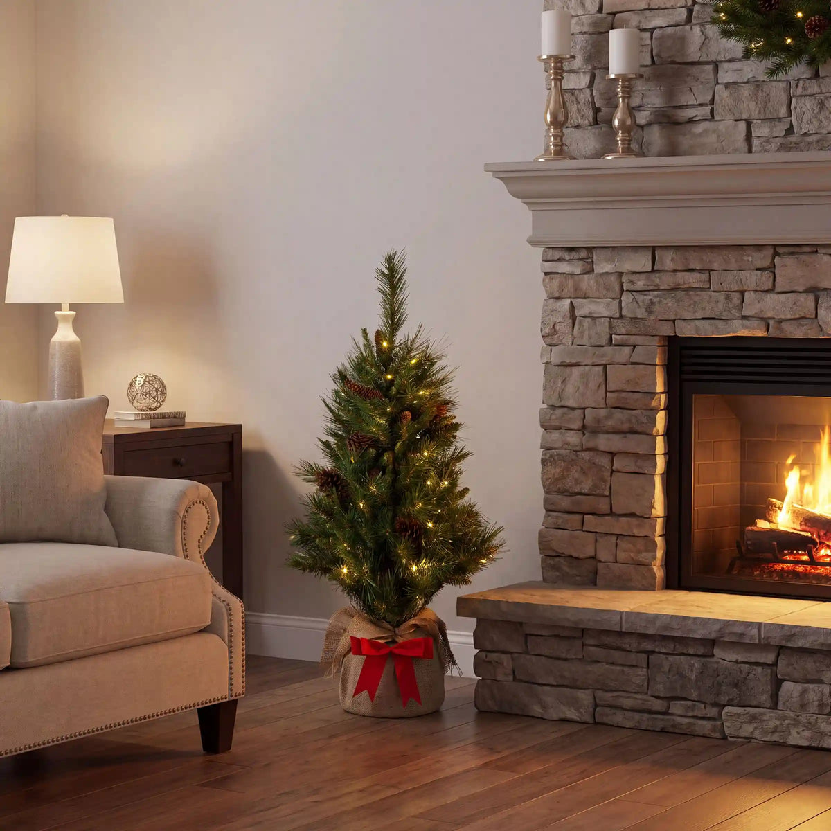3 ft. Pre-Lit Pine Cone Burlap Tree with Warm White LED Lights