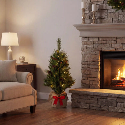 3 ft. Pre-Lit Pine Cone Burlap Tree with Warm White LED Lights