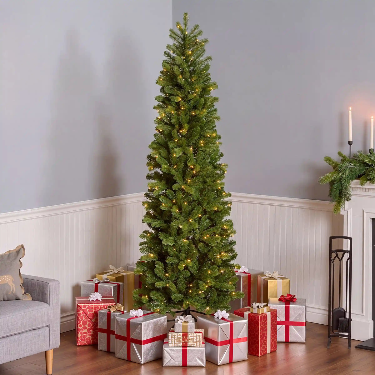 7.5 ft. Pre-Lit Downswept Douglas Fir Pencil Slim Hinged Tree with Dual Color LED Lights, Plug-In