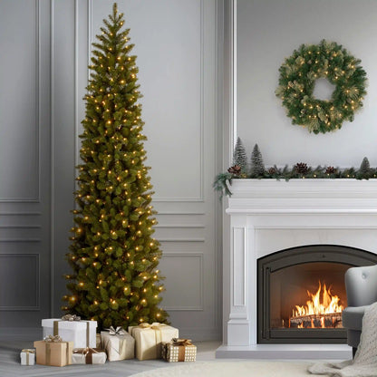 9 ft. Pre-Lit Downswept Douglas Fir Pencil Slim Hinged Tree with Dual Color LED Lights, Plug-In