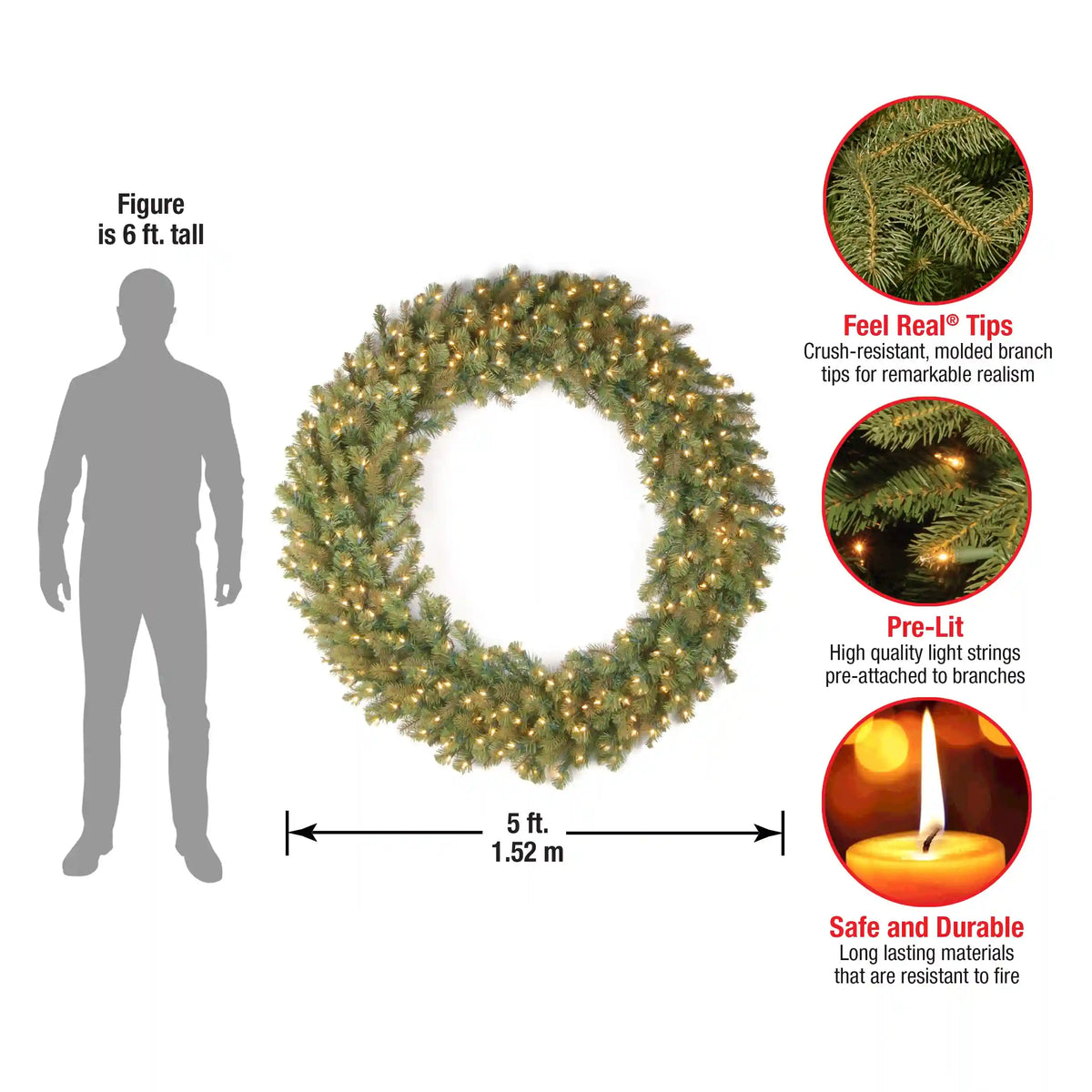 42 in.Pre-Lit Downswept Douglas Wreath with Warm White LED Lights