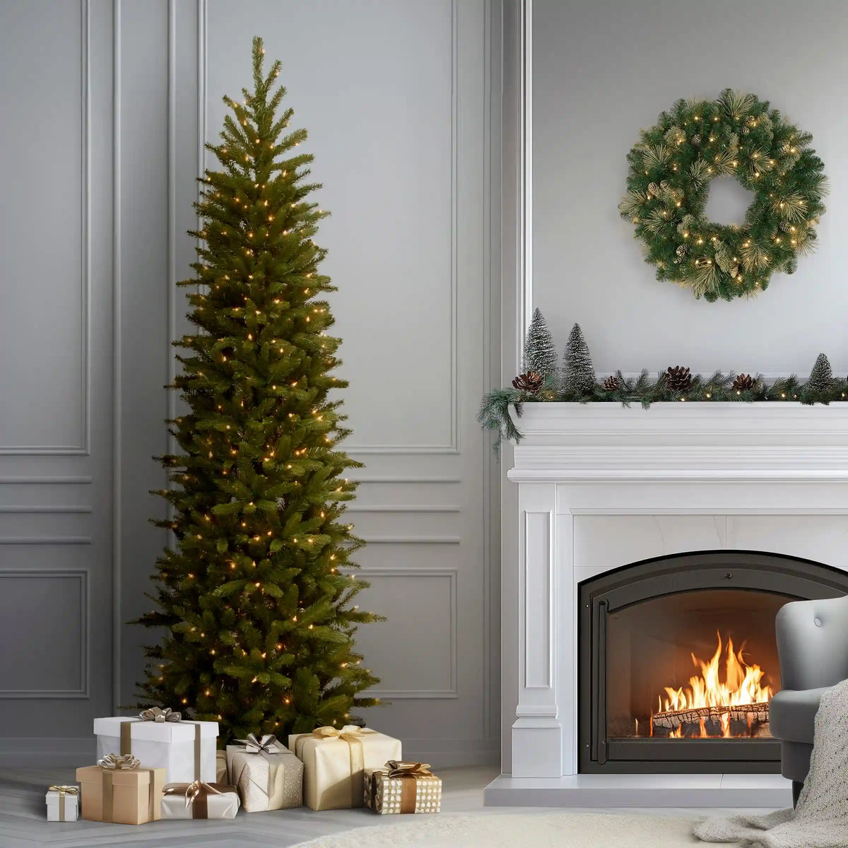 7.5 ft. Pre-Lit Grande Fir Pencil Slim Tree with Clear Lights, Plug-In
