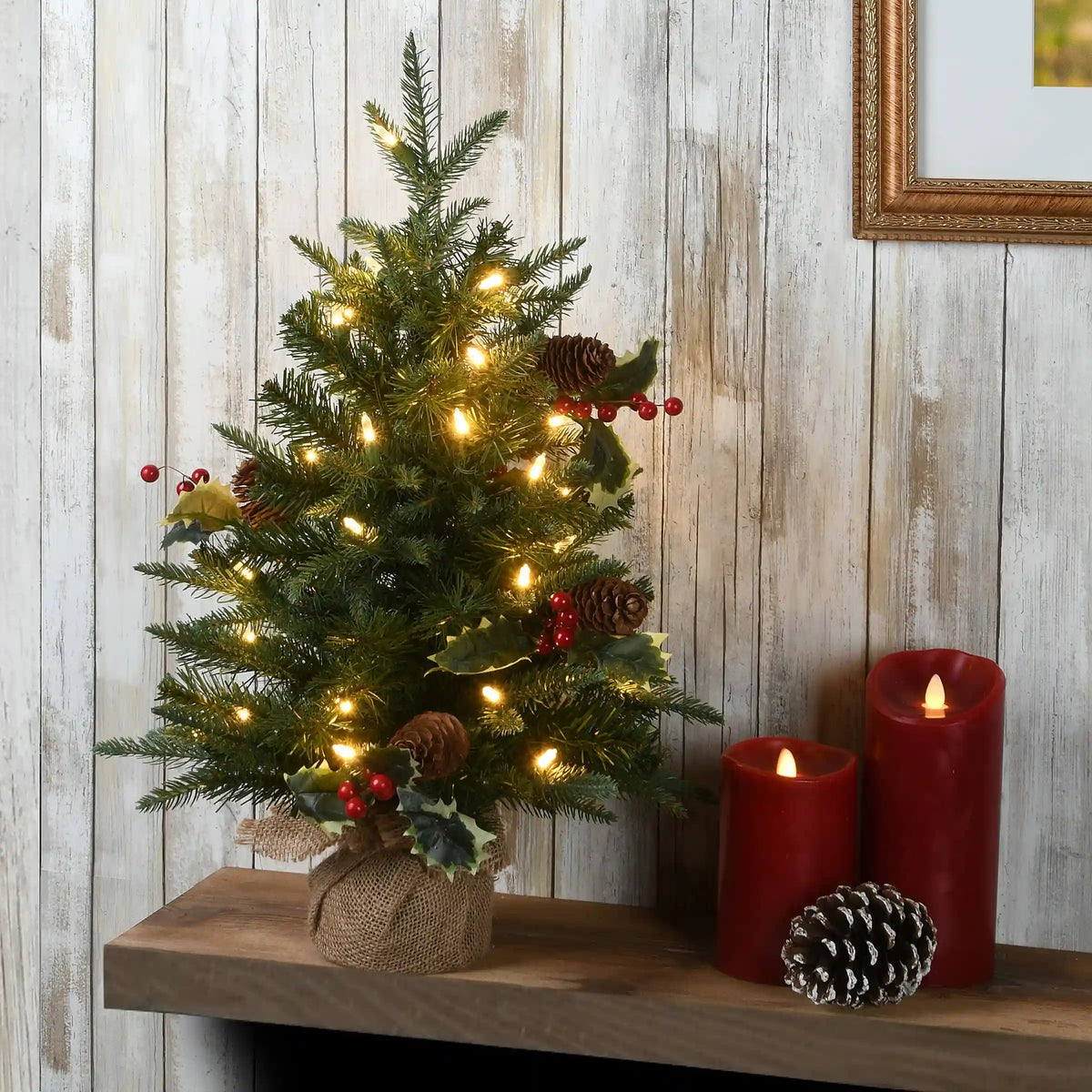 2 ft. Pre-Lit Happy Hill Pine Tree with LED Lights, Plug-In