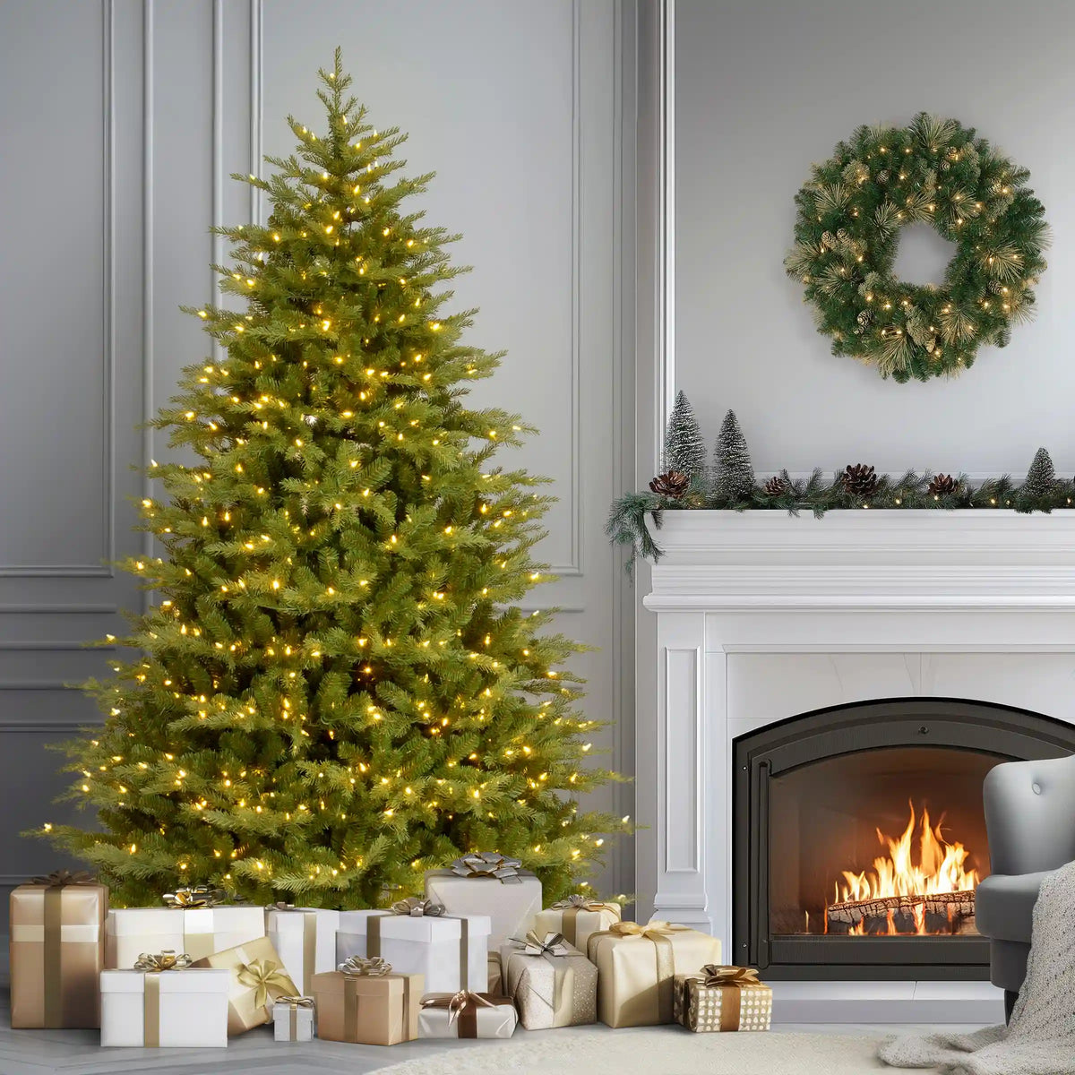 9 ft. Pre-Lit Nordic Spruce Medium Tree with Clear Lights, Plug-In