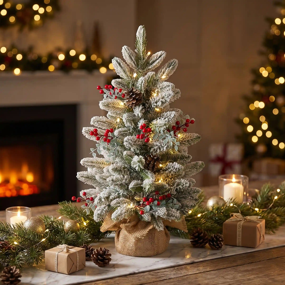 2 ft. Pre-Lit Feel Real Snowberry Pine Mini Flocked Christmas Tree in Burlap Base with Warm White LED Lights