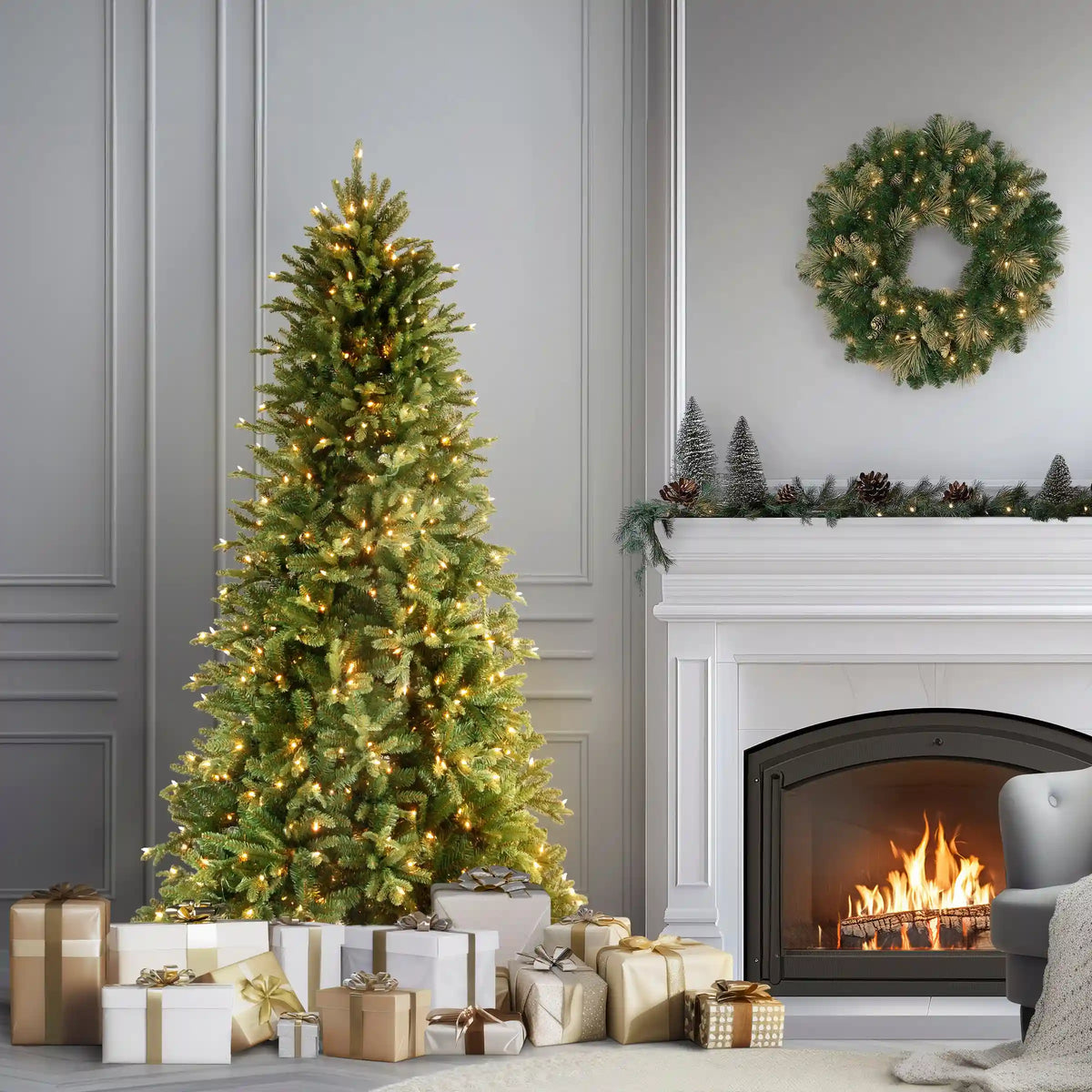 6.5 ft. Pre-Lit Tiffany Fir Slim Tree with Clear Lights PE Branch Tips, Plug-In