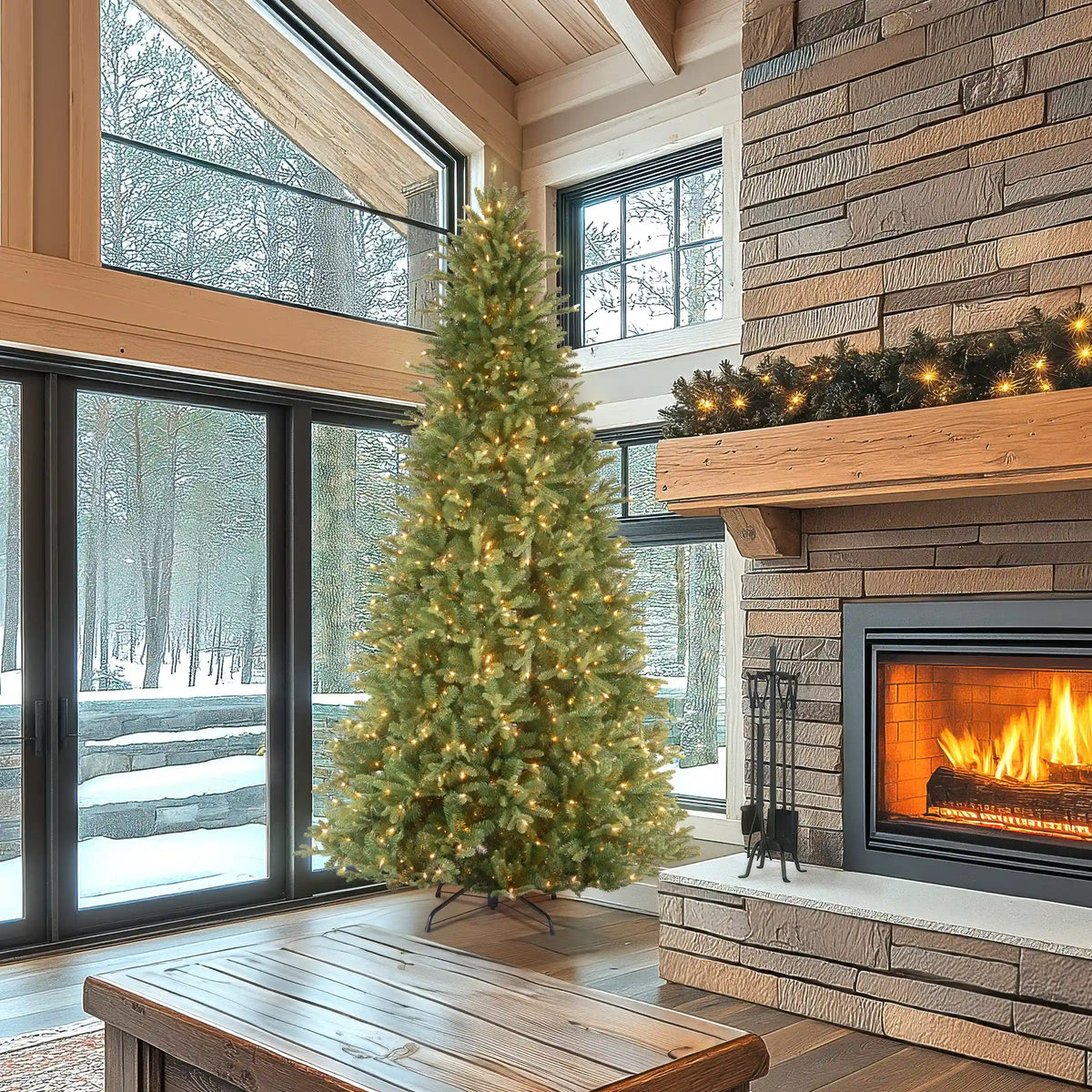 9 ft. Pre-Lit Tiffany Fir Slim Tree with Clear Lights - PE Branch Tips, Plug-In