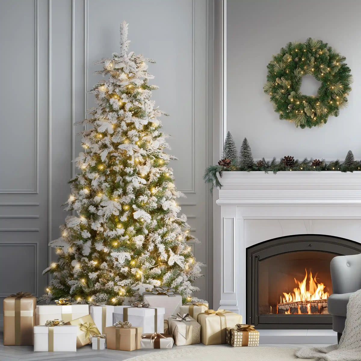 6.5 ft. Pre-Lit Snowy Everest Fir Medium Tree with Clear Lights, Plug-In