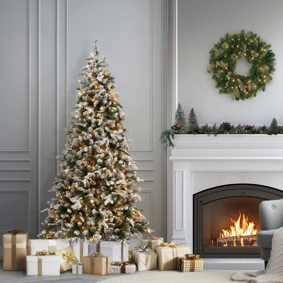 7.5 ft. Pre-Lit Snowy Everest Fir Medium Tree with Clear Lights, Plug-In