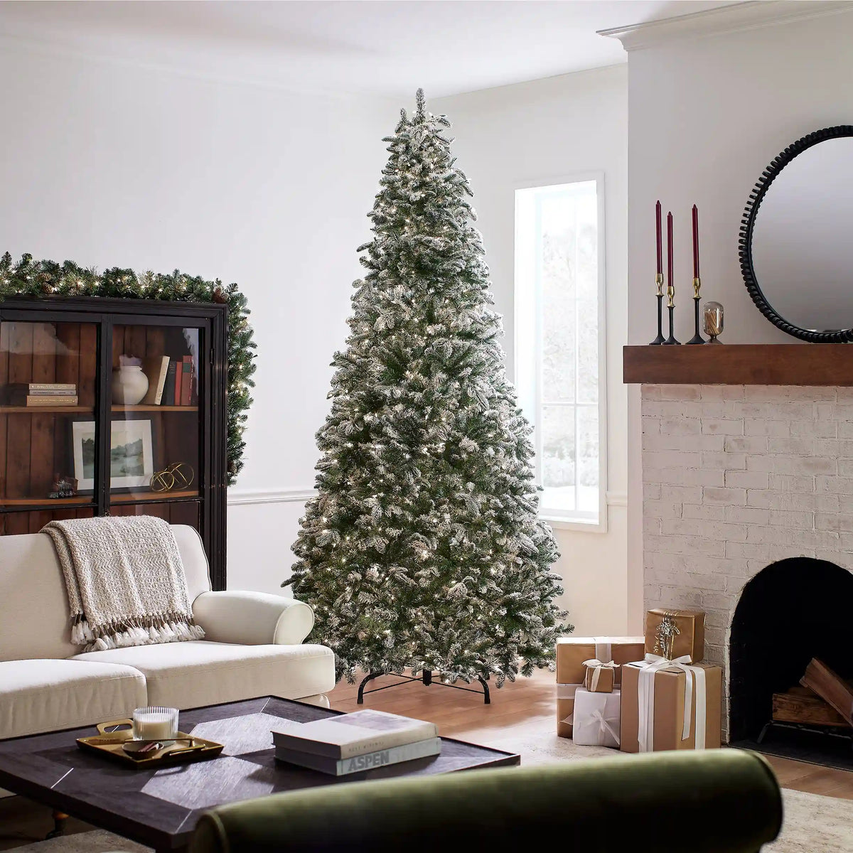 9 ft. Pre-Lit Snowy Everest Fir Medium Tree with Clear Lights, Plug-In