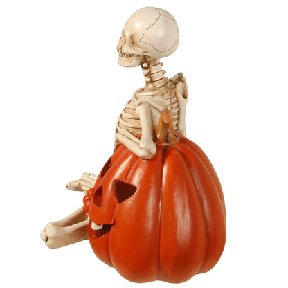 9 in. Halloween Skeleton and Jack O Lantern Decoration with LED Lights