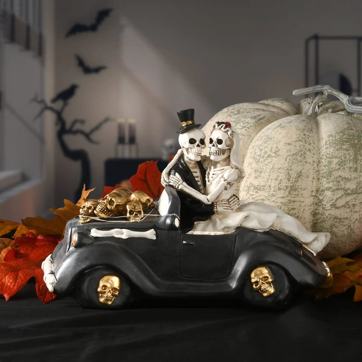 8 in. Halloween Skeleton Bride and Groom in Black Car with LED Lights
