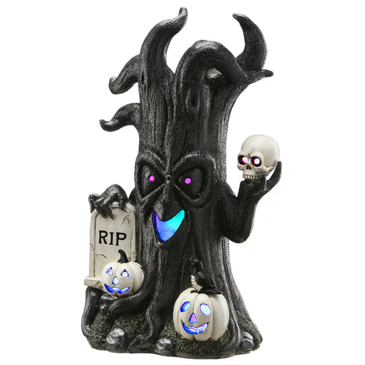 15 in. Halloween Tree Holding Skull and RIP Tombstone with LED Lights