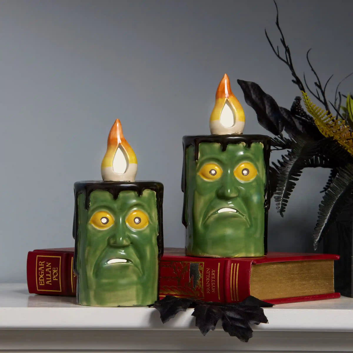 6 in. 2-Piece Halloween Frankenstein Porcelain Candle with Multicolor LED Lights