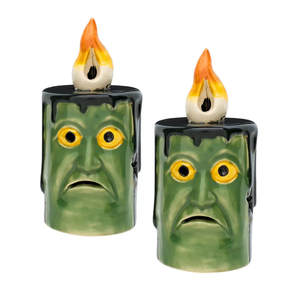 6 in. 2-Piece Halloween Frankenstein Porcelain Candle with Multicolor LED Lights