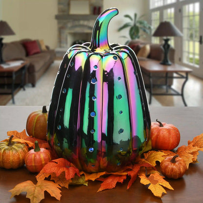 14 in. Halloween Ceramic Iridescent Purple Pumpkin with Multi Color Lights