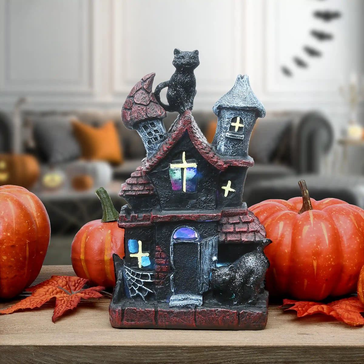 7 in. Halloween Pre-Lit Black Haunted House Decoration with LED Lights
