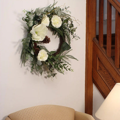 26 in. Mixed Greens and White Flowers Decorated Wreath