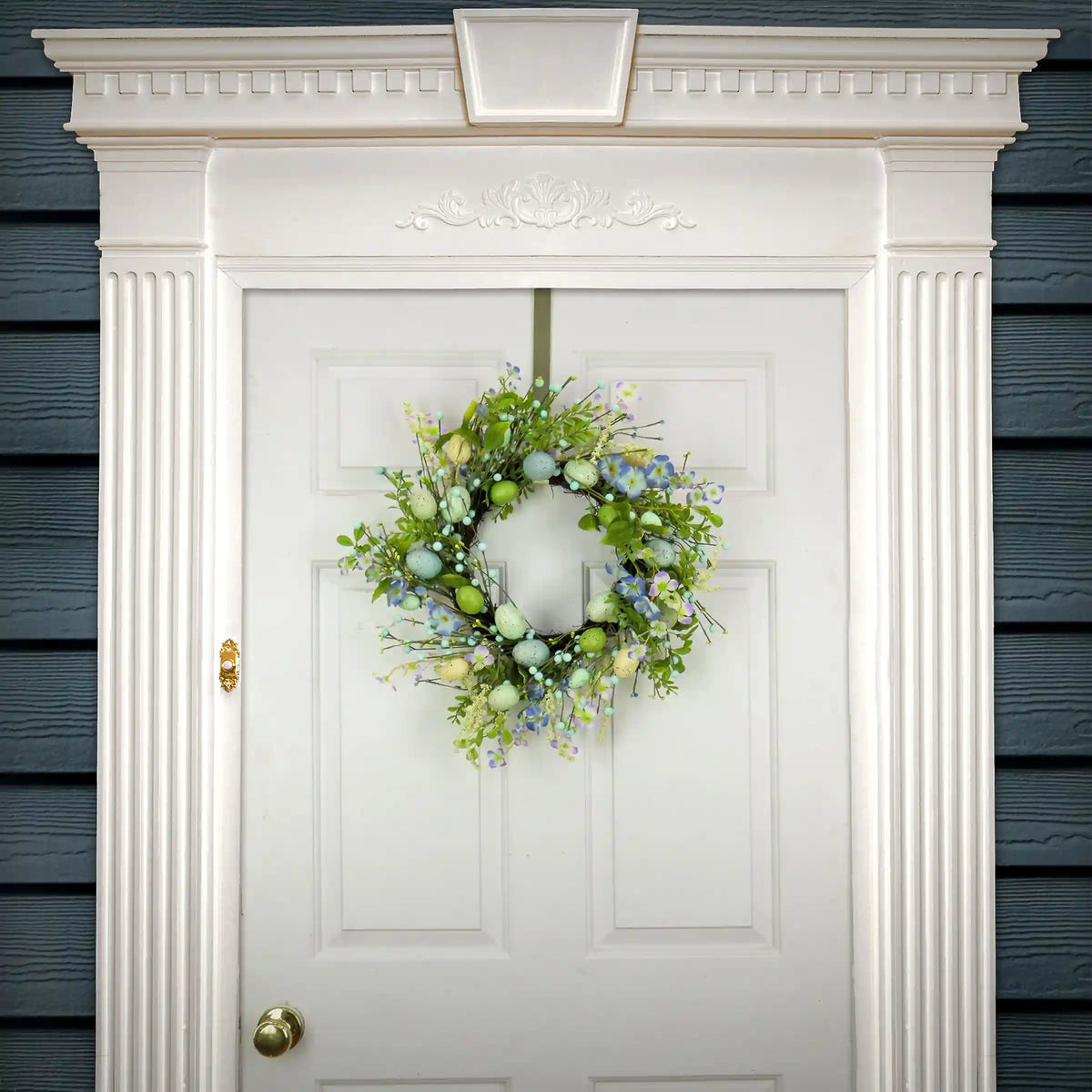 20 in. Easter Wreath Decorated with Blue Flower Blooms, Pastel Eggs