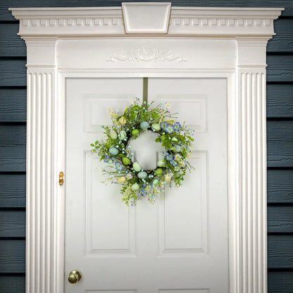 20 in. Easter Wreath Decorated with Blue Flower Blooms, Pastel Eggs