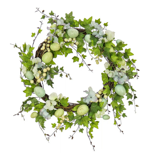 22 in. Easter Wreath Decorated with Pastel Eggs, Blue Flowers