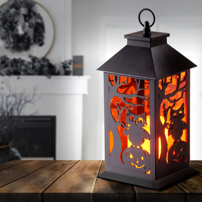 12 in. Halloween Carved Images of Owls Pumpkins Leafless Trees Lantern with LED Lights
