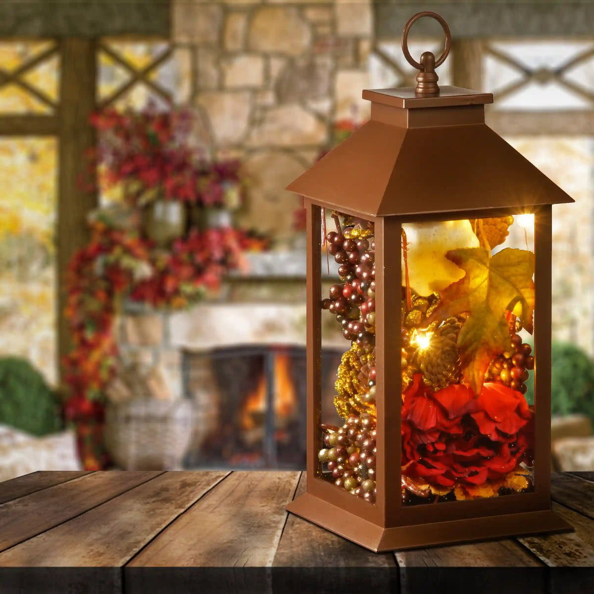 12 in. Fall Lantern with LED Lights, Filled with Pumpkins, Leaves, Flowers, Berry Clusters