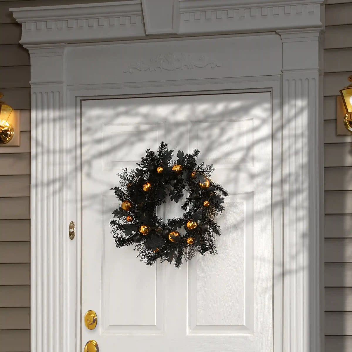 24 in. Halloween Spooky Wreath with Black and Orange Ball Ornaments, Leaves