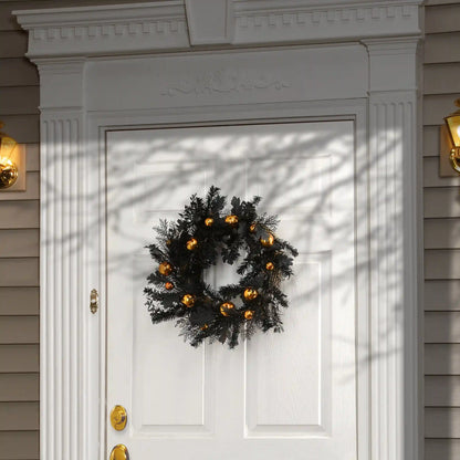 24 in. Halloween Spooky Wreath with Black and Orange Ball Ornaments, Leaves