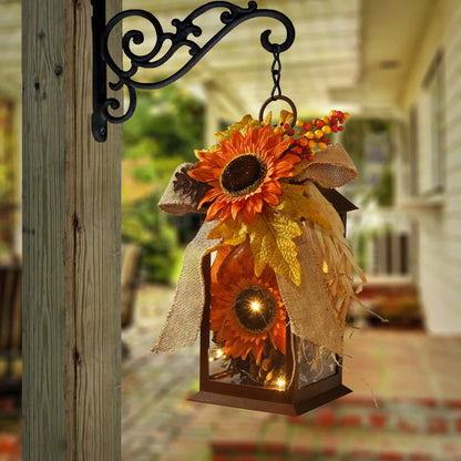 12 in. Fall Lantern with LED Lights, Filled with Sunflower Blooms, Leaves, Pinecones, Berry Clusters
