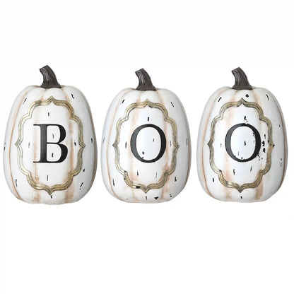 13 in. Halloween White Pumpkin BOO Sign Decoration