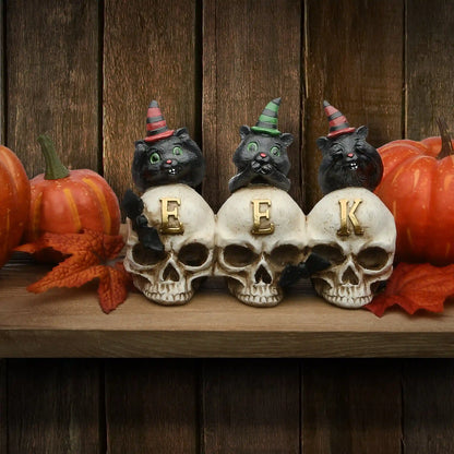 5 in. Halloween Three Black Cats and EEK Skull Sign Decoration