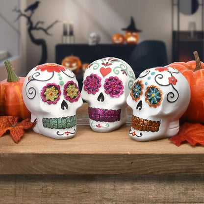 3 in. 3-Pack Halloween Ghost Day of the Dead Decorated Skulls
