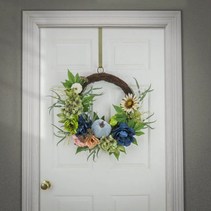 22 in. Fall Wreath with Mixed Leaves, Hydrangea, Peony and Pumpkin