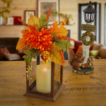 14 in. Fall Lantern with Mum Flower, Mixed Leaves, Berry