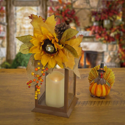 14 in. Fall Lantern with Sunflower, Mixed Leaves, Pinecone and Bow