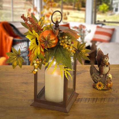 14 in. Fall Lantern with Sunflower, Mixed Leaves, Berry, Pumpkin