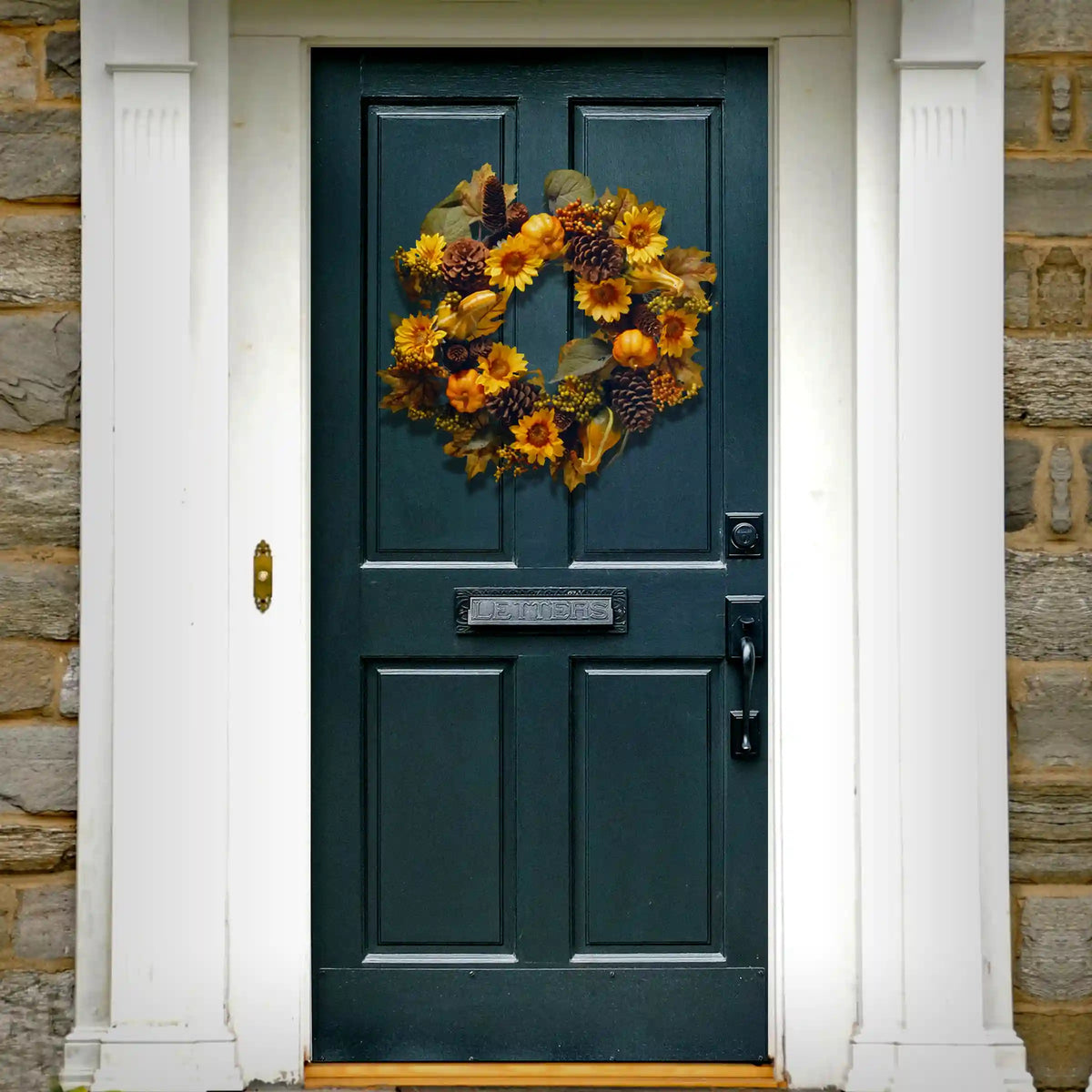 22 in. Fall Wreath with Pumpkins, Gourds, Pinecones, Sunflowers, Berry Clusters, Assorted Leaves